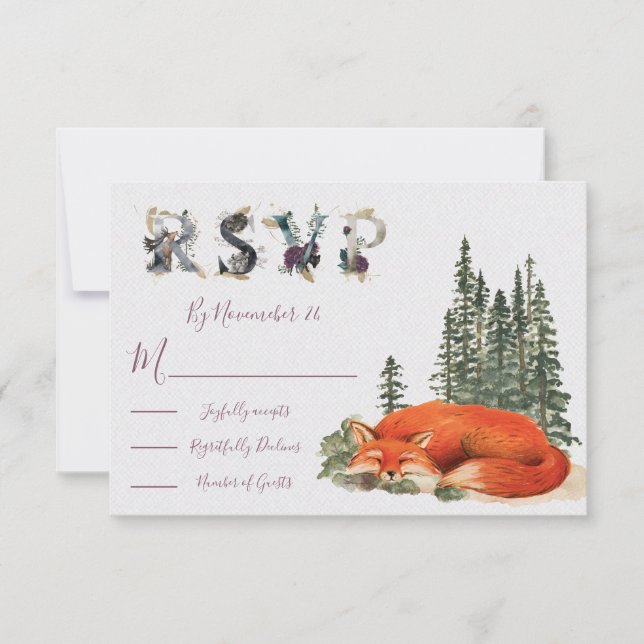 Watercolor Woodland fox Wedding response card RSVP (Front)