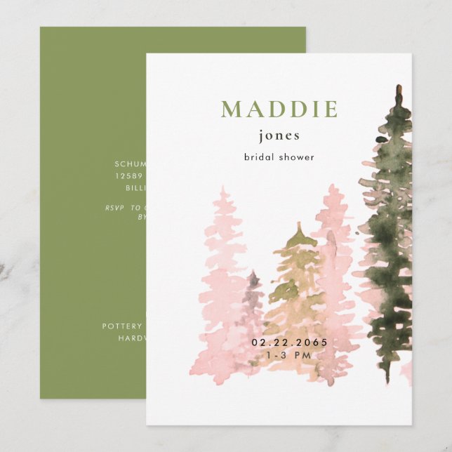 Watercolor Woodland Green Bridal shower Invitation (Front/Back)
