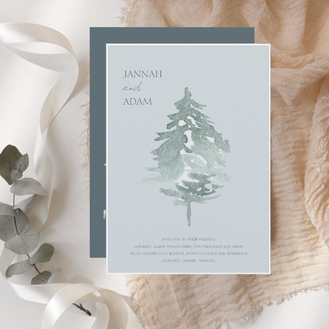 Watercolor Woodland Green Pine Trees Wedding Invitation (Creator Uploaded)