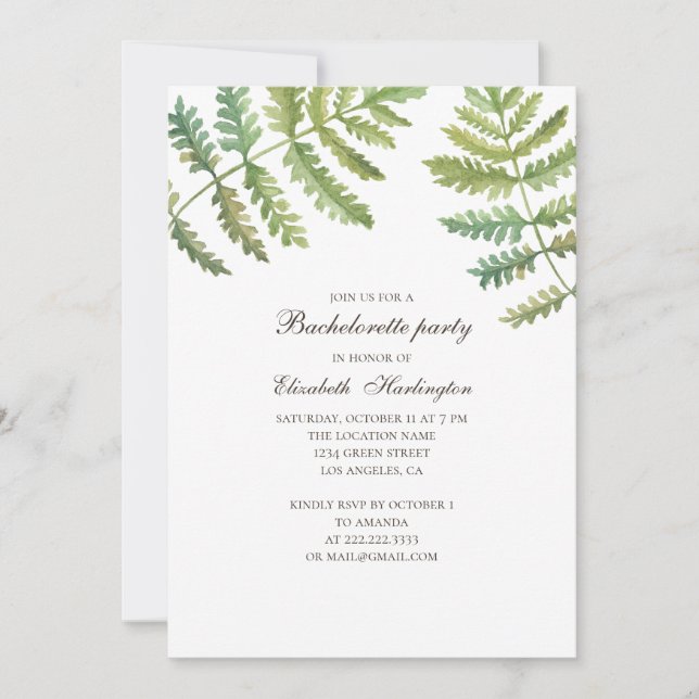 Watercolor woodland greenery bachelorette party invitation (Front)