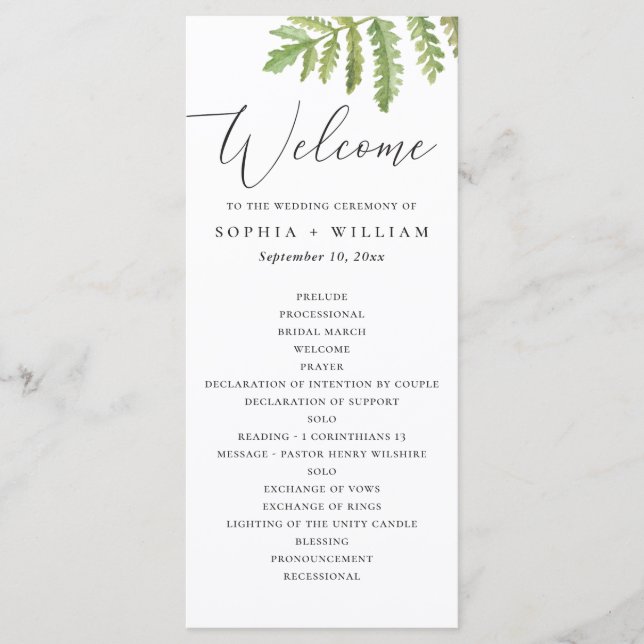Watercolor woodland greenery script wedding programme (Front)