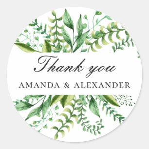 Watercolor woodland greenery wedding thank you classic round sticker