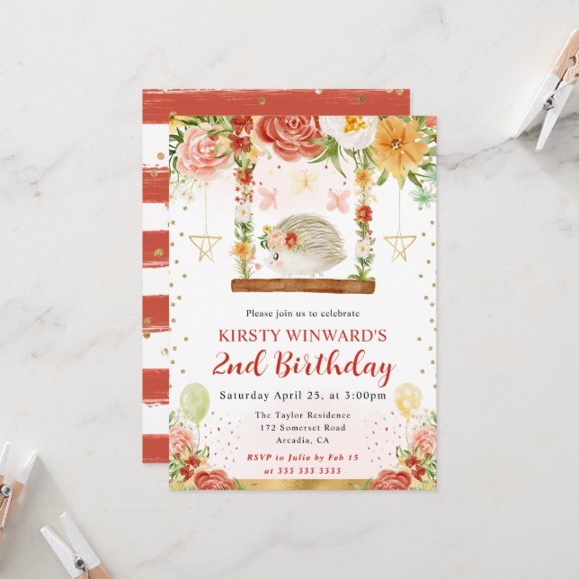 Watercolor Woodland Hedgehog Kids Birthday Invitation (Front/Back In Situ)