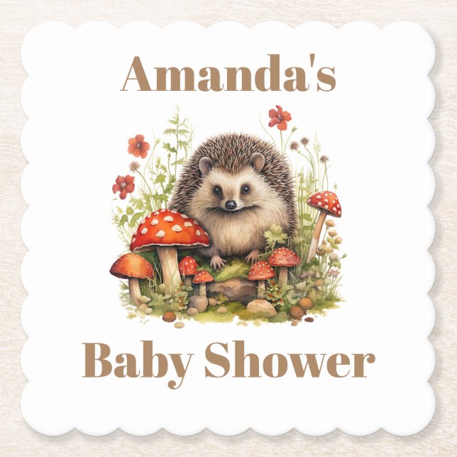 Watercolor Woodland Hedgehog Mushrooms Baby Shower Paper Coaster (Front)