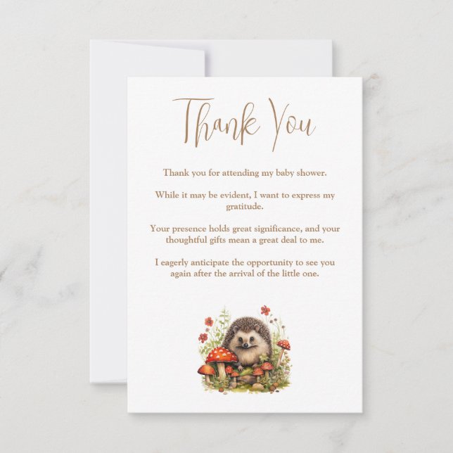 Watercolor Woodland Hedgehog Mushrooms Baby Shower Thank You Card (Front)