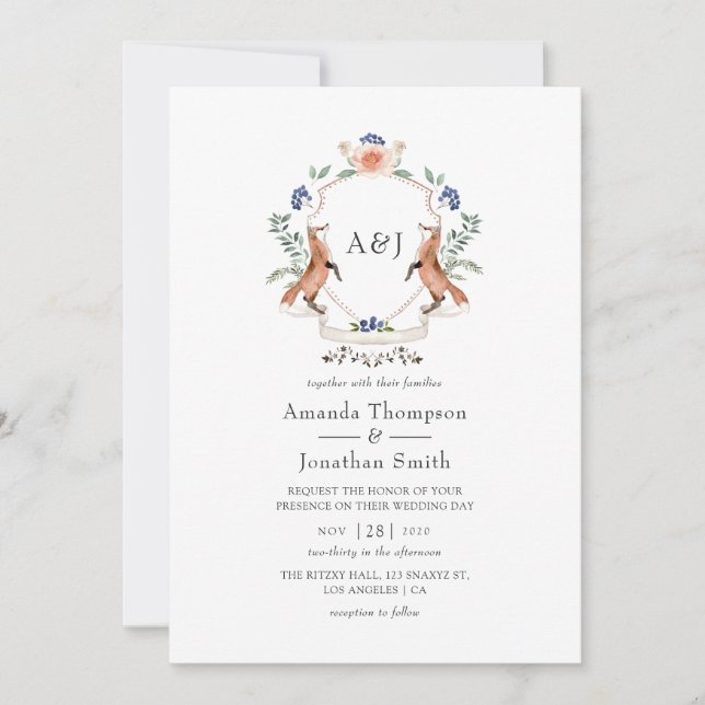 Watercolor Woodland Laurel Crest Monogram Wedding Invitation (Front)