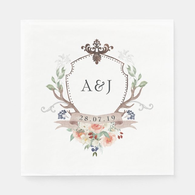 Watercolor Woodland Laurel Crest Monogram Wedding Napkin (Front)