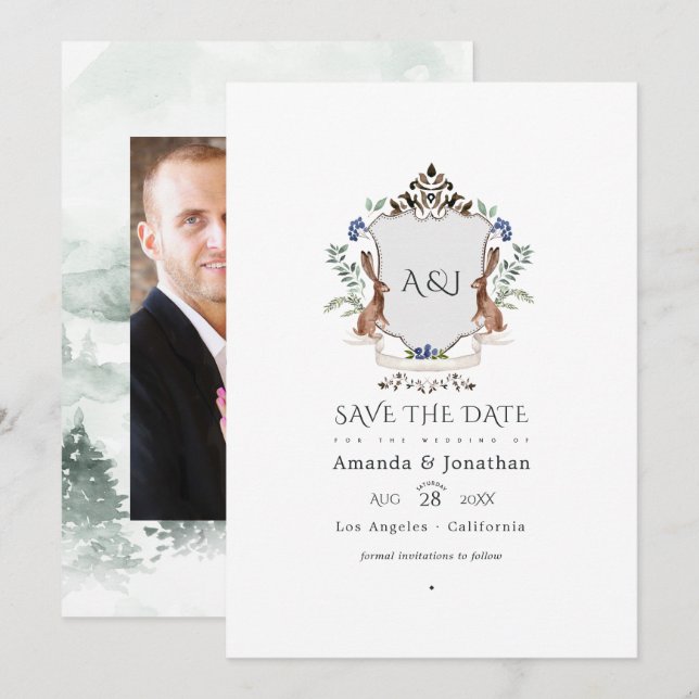 Watercolor Woodland Laurel Crest Monogram Wedding  Save The Date (Front/Back)