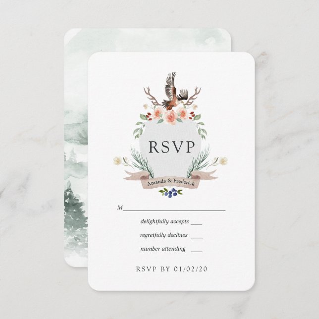 Watercolor Woodland Laurel Crest Wedding RSVP Card (Front/Back)