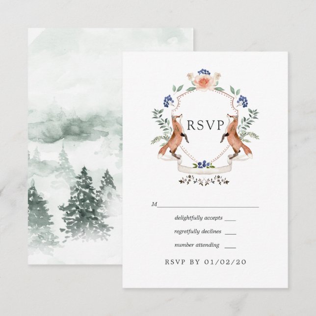 Watercolor Woodland Laurel Crest Wedding RSVP Card (Front/Back)