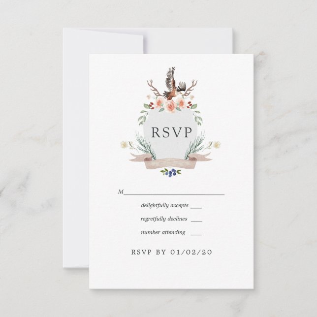 Watercolor Woodland Laurel Crest Wedding RSVP Card (Front)