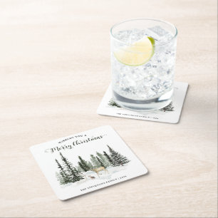 Watercolor Woodland Merry Christmas Square Paper Coaster