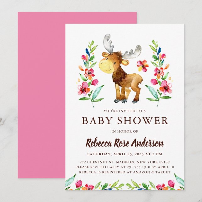 Watercolor Woodland Moose Baby Shower Invitation (Front/Back)