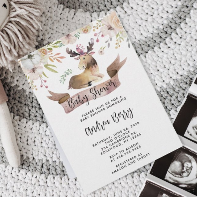 Watercolor Woodland Moose Baby Shower Invitation (Creator Uploaded)