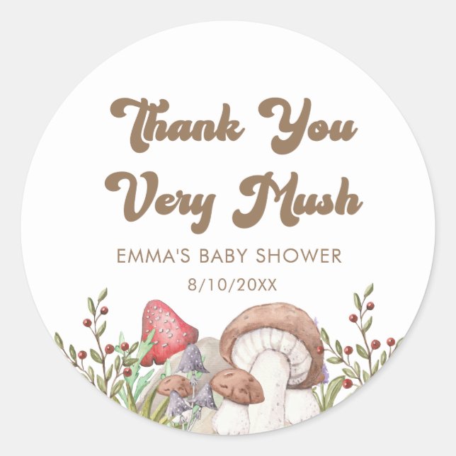 Watercolor Woodland Mushroom Baby Shower Favours  Classic Round Sticker (Front)