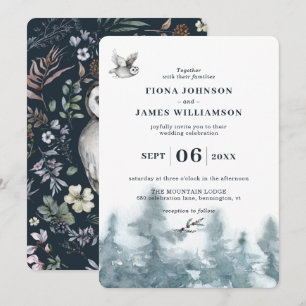 Watercolor Woodland Owl Botanical Wedding Invitation