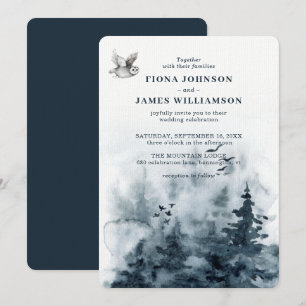 Watercolor Woodland Owl Trees Wedding Invitation