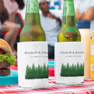 Watercolor Woodland Pines Wedding Can Cooler