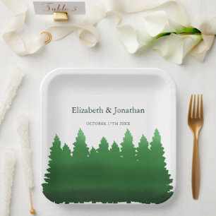 Watercolor Woodland Pines Wedding Paper Plate