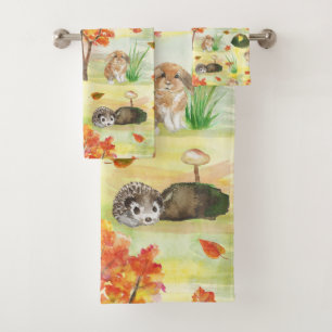 Watercolor Woodland Rabbit ,Hedgehog Bath Towel Set