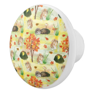 Watercolor Woodland Rabbit ,Hedgehog Ceramic Knob