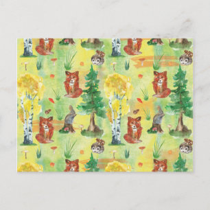 Watercolor Woodland Rabbit ,Hedgehog,fox Postcard