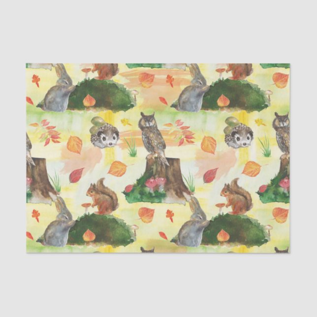 Watercolor Woodland Rabbit,owl, squirrel, hedgehog Tissue Paper (Front)