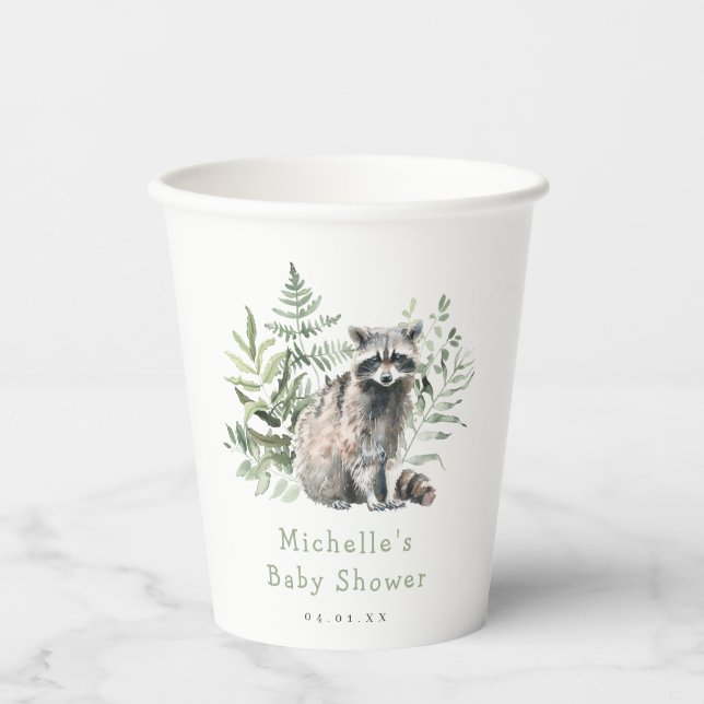 Watercolor Woodland Racoon Baby Shower Paper Cups (Front)