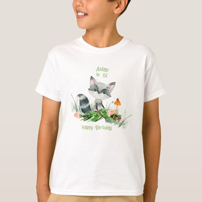 Watercolor Woodland Racoon Cute Birthday T-Shirt (Front)