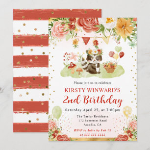 Watercolor Woodland Racoon Kids Birthday Invitation