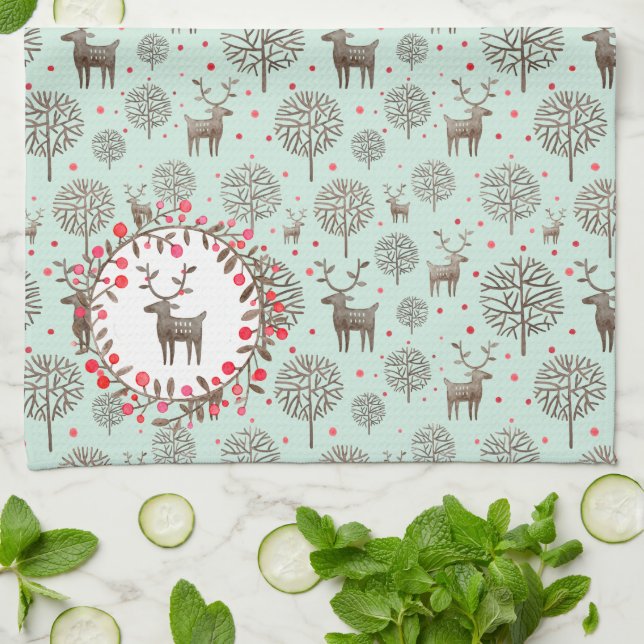 Watercolor Woodland Reindeer Pattern Sea Green Tea Towel (Folded)