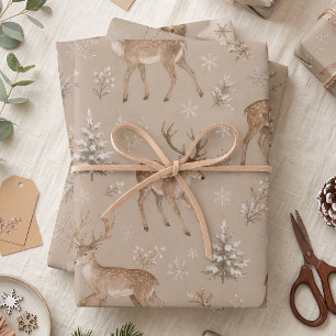 Watercolor Woodland Reindeer Snowy Winter Wrapping Paper Sheet