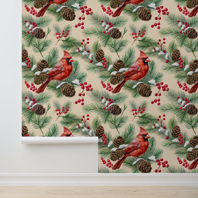 Watercolor Woodland Snow Pine Branch Cardinal Bird Wallpaper (Application)