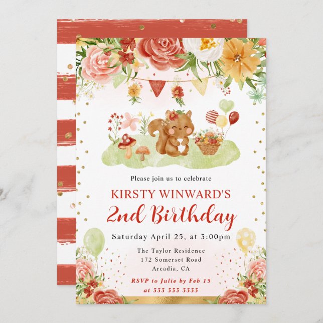 Watercolor Woodland Squirrel Kids Birthday Invitation (Front/Back)