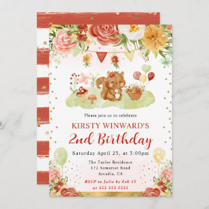 Watercolor Woodland Squirrel Kids Birthday Invitation