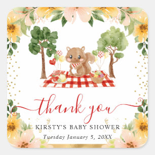 Watercolor Woodland Squirrel Picnic Baby Shower Square Sticker