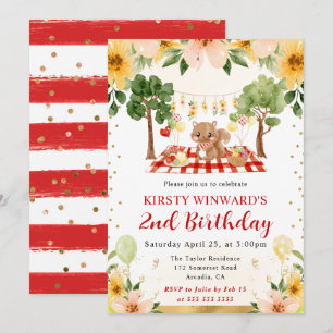 Watercolor Woodland Squirrel Picnic Kids Birthday Invitation