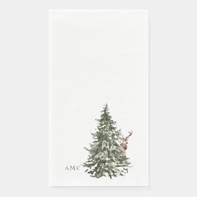 Watercolor Woodland Tree & Deer Monogram Christmas Napkin (Front)