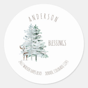 Watercolor Woodland Trees & Deer Blessings Address Classic Round Sticker