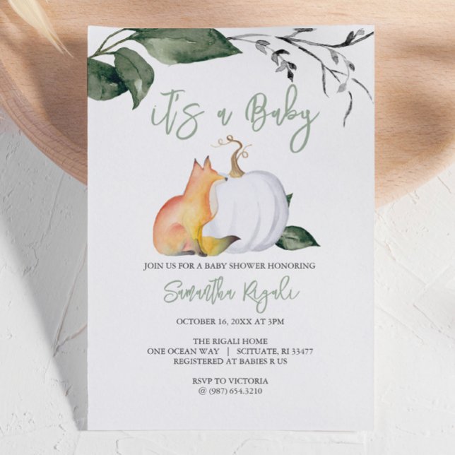 Watercolor Woodland Unique Baby Shower Invitations (Autumn-themed baby shower invites woodland fox and white pumpkin gender neutral)