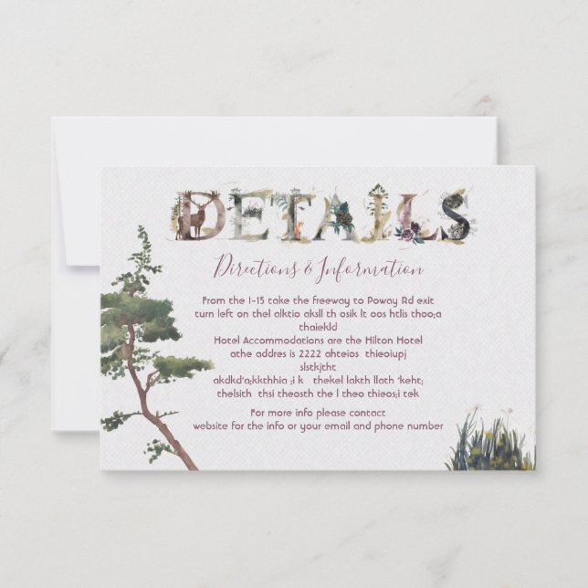 Watercolor Woodland Wedding Details and info card (Front)