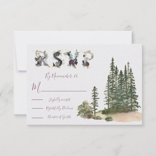 Watercolor Woodland Wedding response cards RSVP (Front)