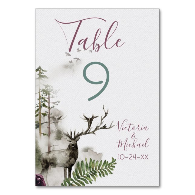 Watercolor Woodland Wedding table number cards (Front)