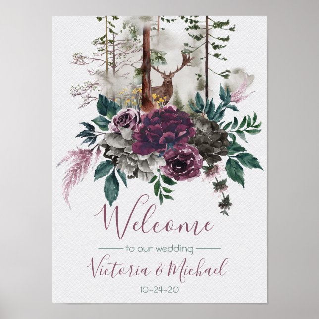 Watercolor Woodland Wedding Welcome Sign (Front)