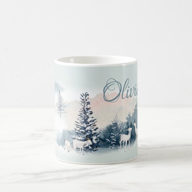 Watercolor Woodland Winter Goats Coffee Mug (Center)
