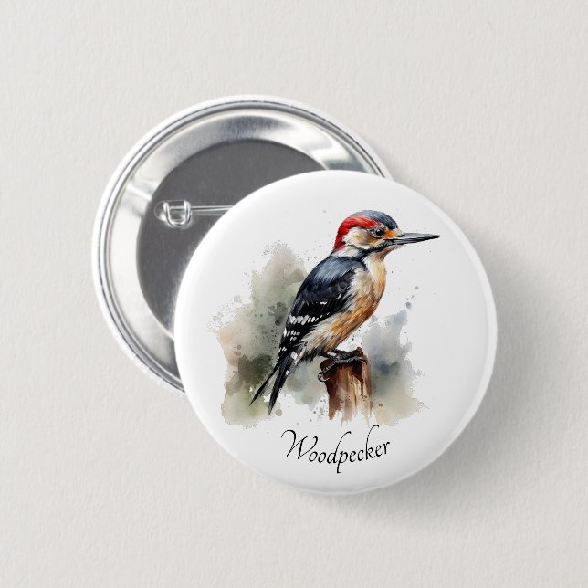 Watercolor Woodland Woodpecker, custom  6 Cm Round Badge (Front & Back)