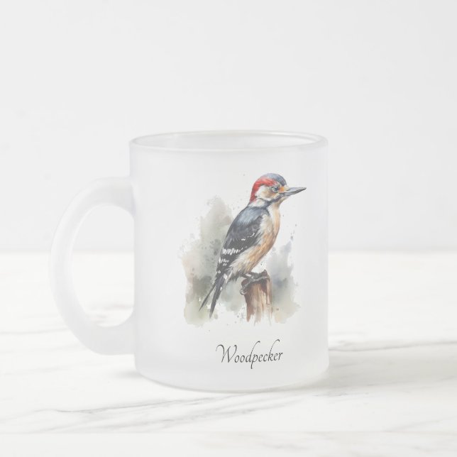 Watercolor Woodland Woodpecker, custom Frosted Glass Coffee Mug (Left)