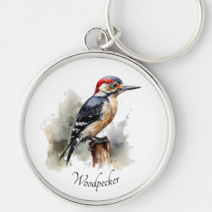 Watercolor Woodland Woodpecker, custom Key Ring