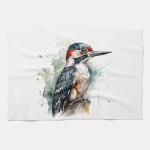 Watercolor Woodland Woodpecker Tea Towel