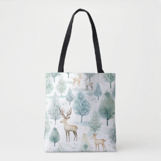 Watercolor WoodlandDeer In Winter Forest Christmas Tote Bag